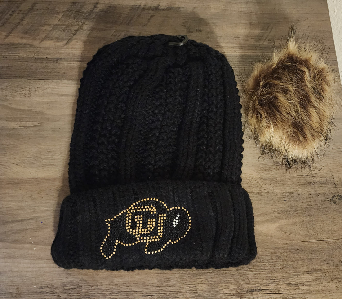 Colorado Buffaloes Rhinestone Bling or RhineSTUD Beanie Hat with Removable Pom Pom