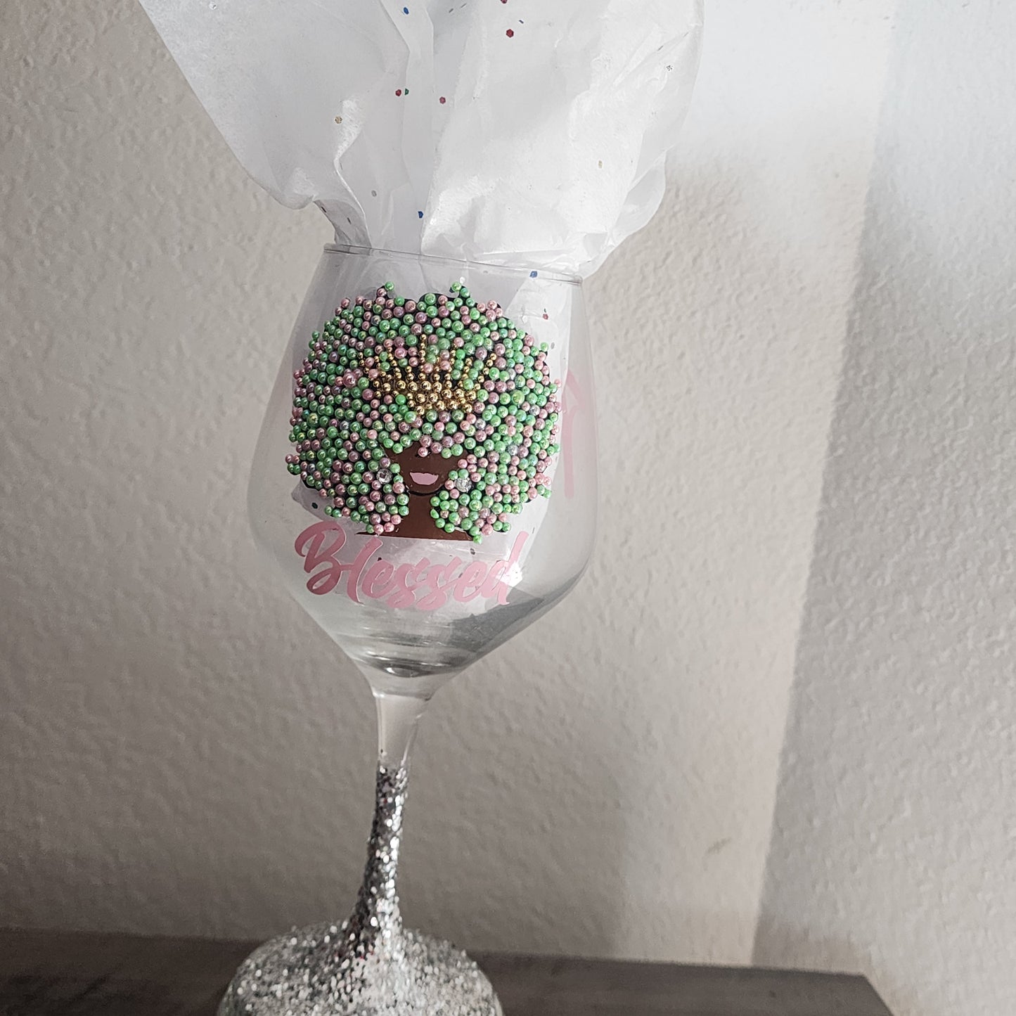 Wine Glass with glitter stem 17 oz Blessed Diva with crown