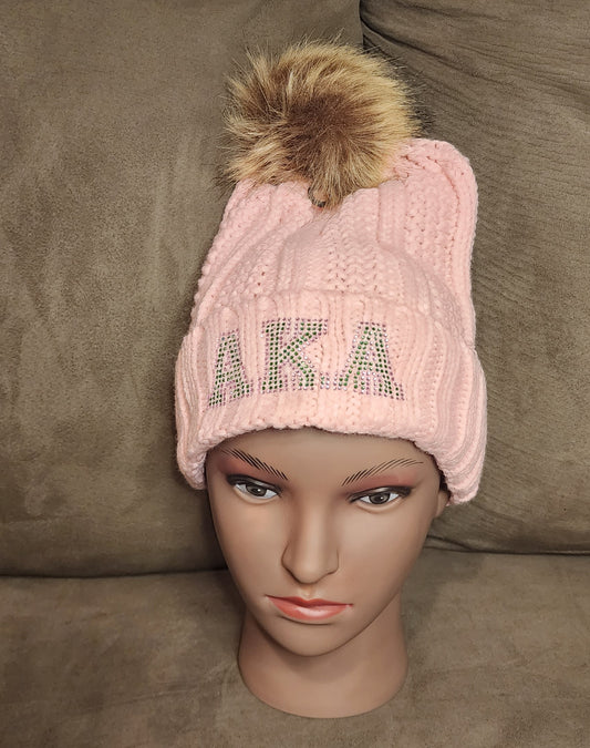 AKA 1908 Rhinestone/Bling Beanie Hat with Removable Pom Pom Design