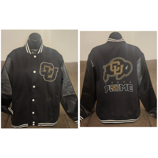 Colorado Buffaloes Coach Prime RhineSTUD Wool Varsity Bomber Jacket with Leather Sleeve