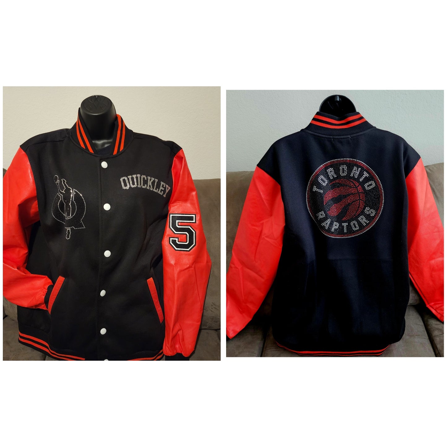 Toronto Raptors Rhinestone Bling Wool Varsity Bomber Jacket with Leather Sleeves