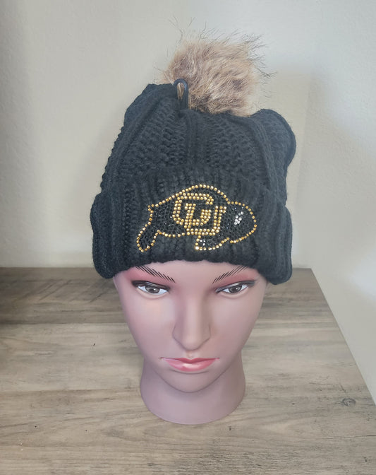 Colorado Buffaloes Rhinestone Bling or RhineSTUD Beanie Hat with Removable Pom Pom