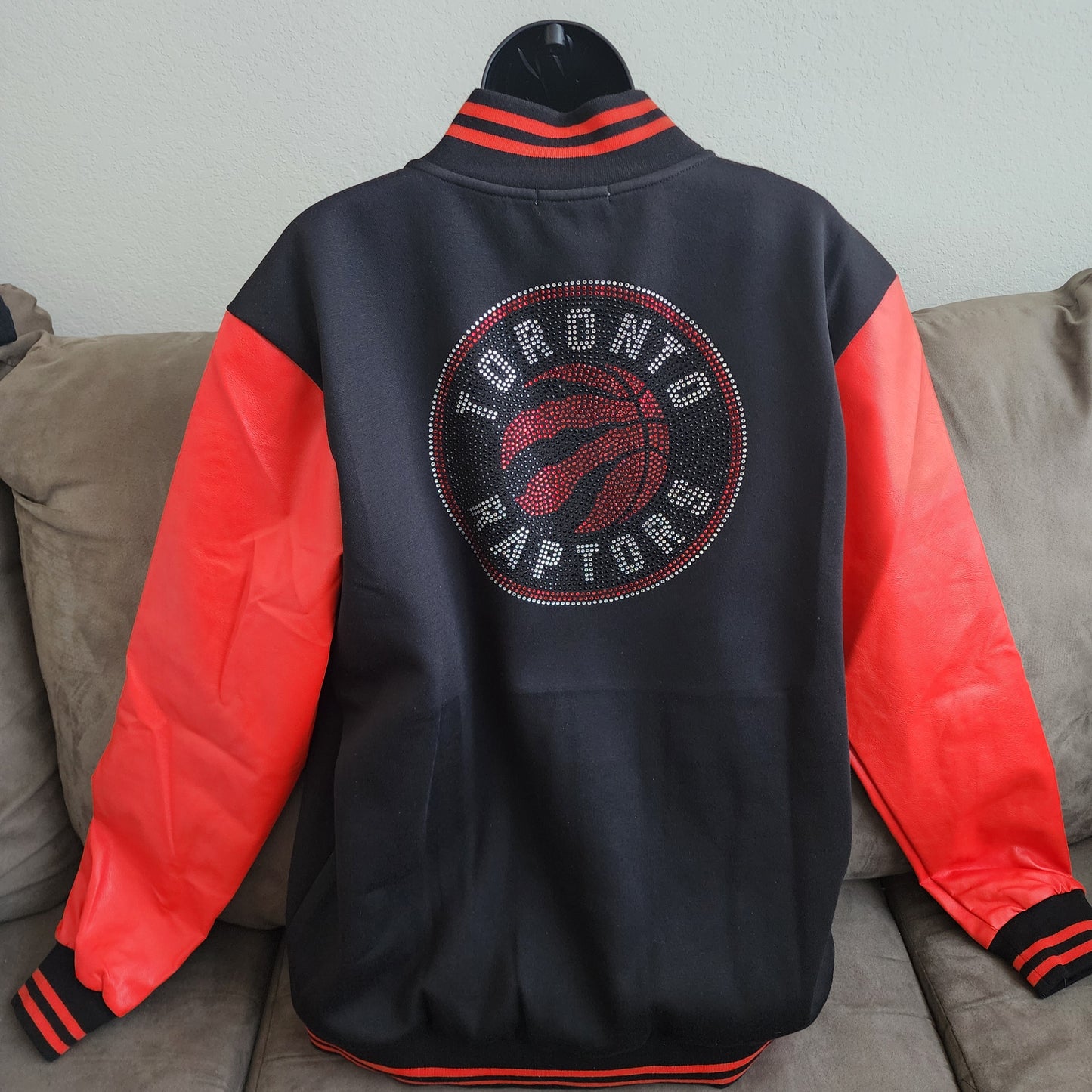 Toronto Raptors Rhinestone Bling Wool Varsity Bomber Jacket with Leather Sleeves