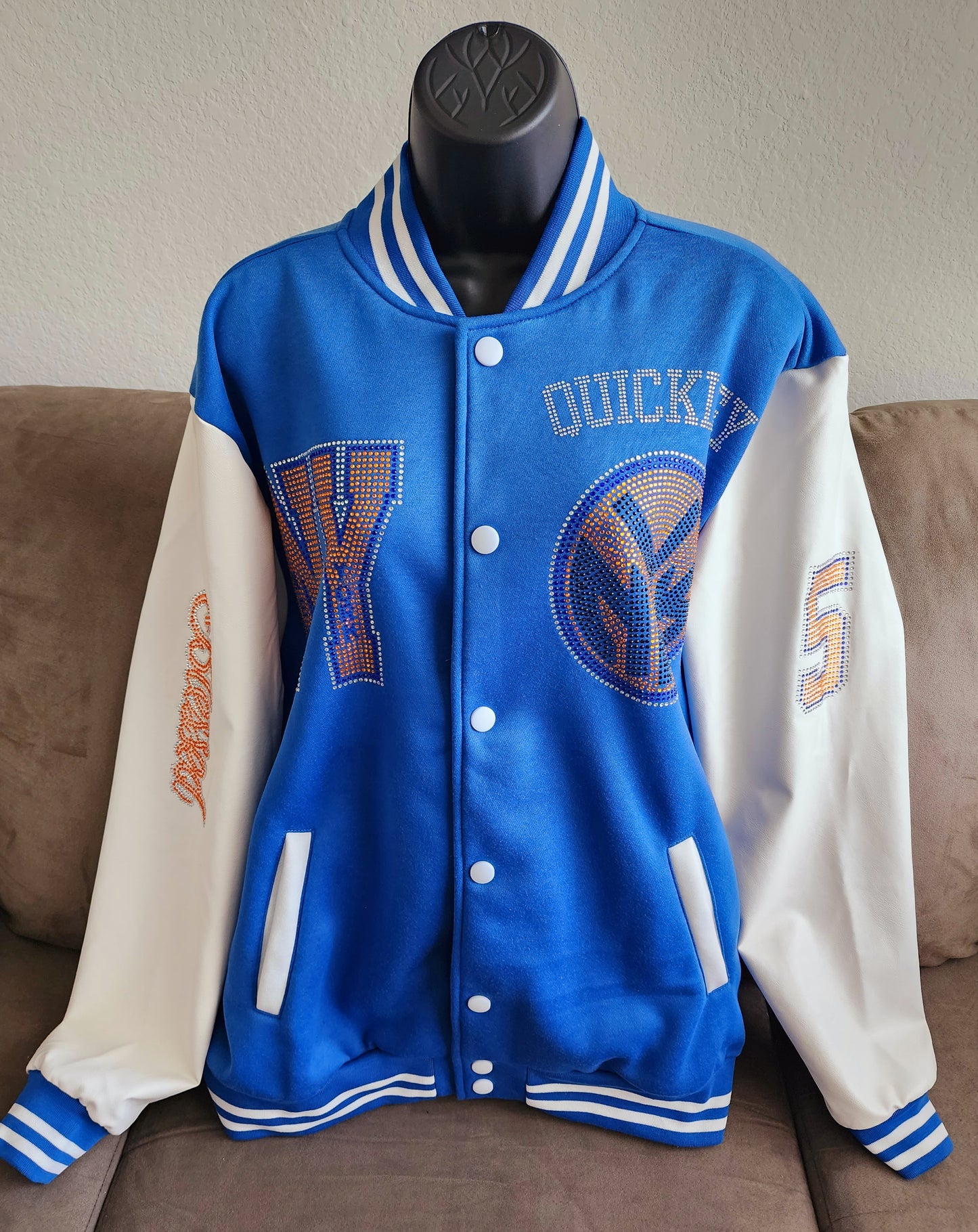 New York Knicks Rhinestone Bling Varsity Wool Letterman Jacket with Leather Sleeves