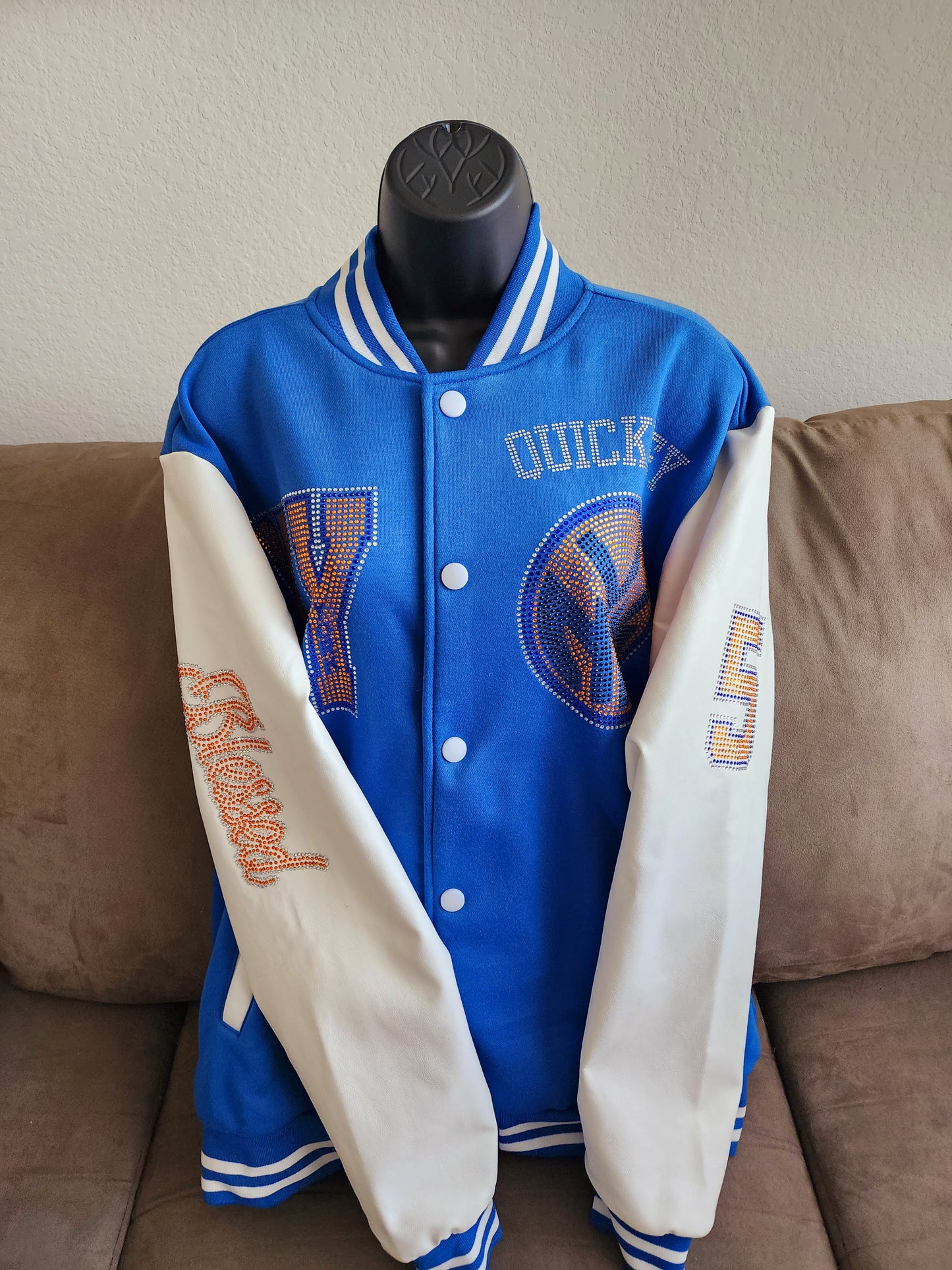 New York Knicks Rhinestone Bling Varsity Wool Letterman Jacket with Leather Sleeves