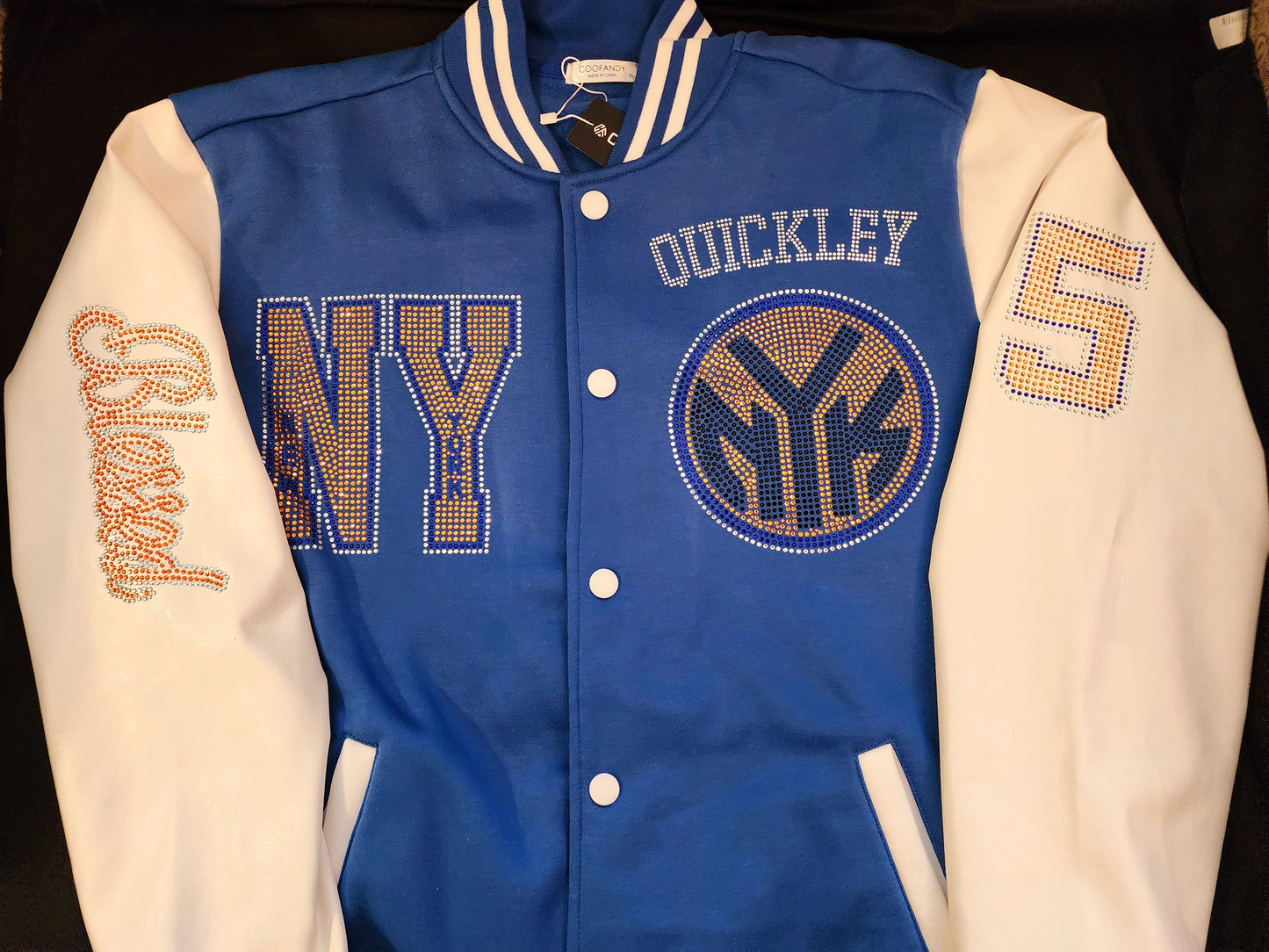 New York Knicks Rhinestone Bling Varsity Wool Letterman Jacket with Leather Sleeves