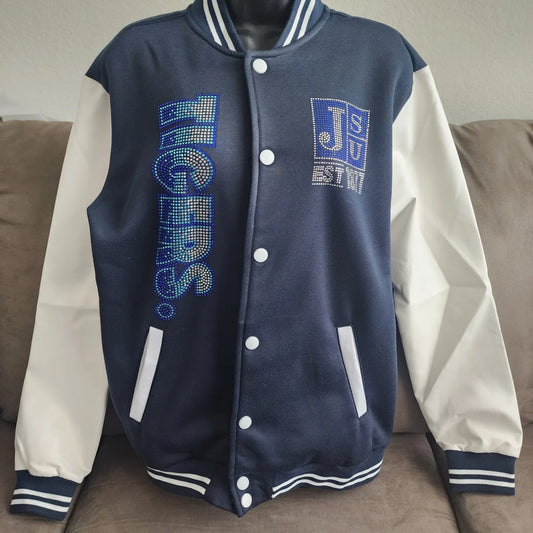 Jackson State University Rhinestone Bling THEE iLOVE Varsity Wool Jacket with Leather Sleeves